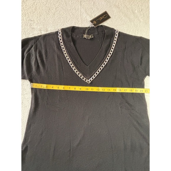 DG2 by Diane Gilman Lux Touch Knit Chain-Trim V-Neck Sweater Black S New - Picture 6 of 13